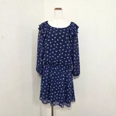 hushush 花柄ワンピース フリル 長袖 ブルー系 ウエストゴム 清楚（3）