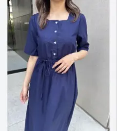新品 Doula Doula スクエアネックウエストマークワンピース ネイビー