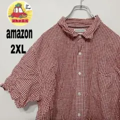 USA古着 amazon 半袖ボタンシャツ2XL　　レッドホワイト　チェック