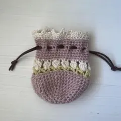 大人可愛い♡手編みのぷっくり巾着ポーチ お花柄 くすみカラー 小物入れ