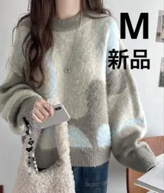 ウェーブ柄 ダブル ジャガード シャギー ニット オーバーサイズプルオーバー