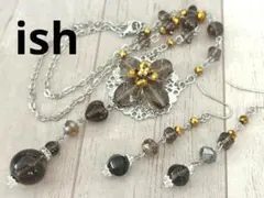 【A202】ishスモーキークォーツミックスフラワーネックレス＆ピアス