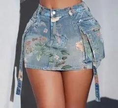 デニムブルー 花柄 タイトスカート　ミニスカート　デニムスカート