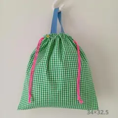 【ハンドメイド】みどりのチェックの持ち手付き巾着　7. 体操服入れ/お着替え袋