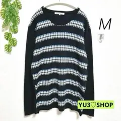 グリーンレーベル・M 長袖ニットセーター 黒系 ボーダー模様 ウール混