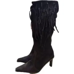 00s フリンジ スエードロングブーツ 平成ギャルy2kグランジダークコアパンク