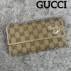 GUCCI グッチ GGキャンバス 長財布 ゴールドハートロゴ ブラウン