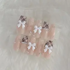 チェック×リボンネイル✧*。量産型 スナ系 韓国 ワンホン フレンチガーリー