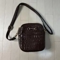 クロコ型押し ショルダーバッグ ダークブラウン ゴールド金具