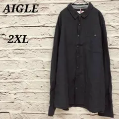エーグル 【2XL】 大きいサイズ 長袖シャツ リネン ネイビー 袖ロールアップ