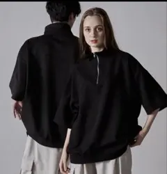 CLEL ブラック ハーフジップ 半袖プルオーバー