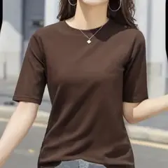 コーヒー色 五分袖 Tシャツ S/M 半袖トップ　クルーネック　ゆったりめ　快適