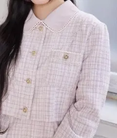 白みピンク チェック柄 ツイード ジャケット リボン　カーディガン