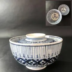 ⭕310 古伊万里 染付 網目文様 蓋茶碗 無傷 江戸時代 / 蛸唐草文様
