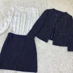 ツイード切替 ワンピース セットアップ ノーカラージャケット ネイビー Mサイズ