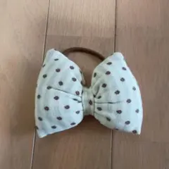 リボン型ヘアゴム アイボリー＆ブラウン色 水玉模様　ハンドメイド