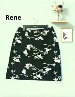極美品 René 花柄 フラワーモチーフ フレア スカート ブラック 38