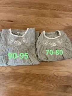 グリーンチェック刺繍ロンパース・ワンピースセット　姉妹お揃い