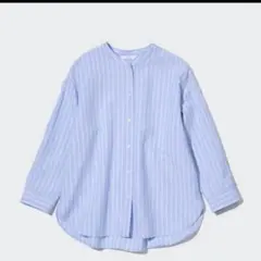 ユニクロ　リネンブレンドストライプバンドカラーシャツ（7分袖）ブルー　L