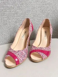 DIANA ダイアナ ツイード オープントゥ パンプス ピンク 23cm