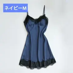 ベビードール＆Tバックショーツ♥サテン光沢♥ツルっとした肌触り♥r253紺Ｍ