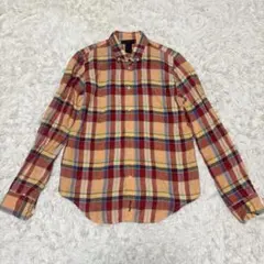 希少　ラルフローレン　リネン100% BDチェックシャツ　ロゴ　刺繍　文字 S