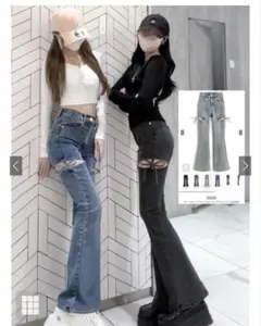 GRLサイドカットアウトリボンフレアデニムパンツ〔cu578〕のサムネイル