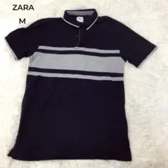 ZARA ザラ ポロシャツ 半袖 ボーダー 綿100％ 鹿の子 M ネイビーのサムネイル