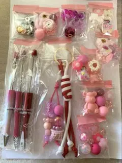 カスタムビーズボールペン、カスタムビーズ、パラコード　赤ピンクセットNo.1