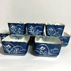 青色　陶器四角皿　8個セット　昭和 平成レトロ　可愛い 素敵な花柄　角小鉢　綺麗