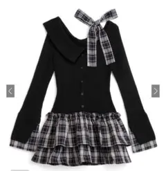 GRLチェック柄ドッキングワンショルダーリボンフリルニットワンピースM