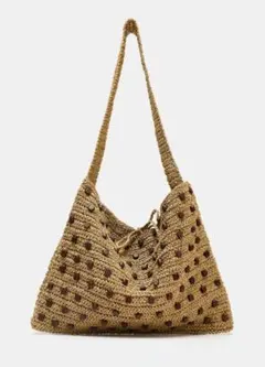 新品★ZARA ビーズ付き編み込みトートバッグ ショルダーラフィアかご藤ザラ