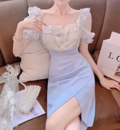 花柄 フリル レース 秋 白 青 ワンピース セットアップ パーティー ドレス