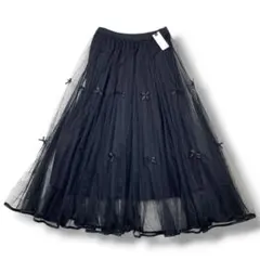 【新品タグ付】定価9,790円 pqran リボン チュール ロングスカート 黒