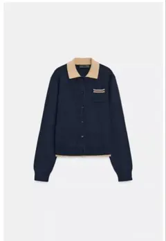 zara コントラストダブルレイヤーポロニットカーディガン