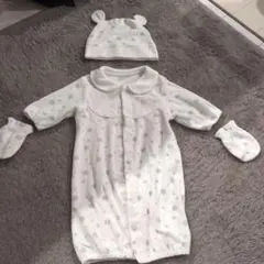 ホワイト ツーウェイカバーオール 50~60cm帽子ミトン付き