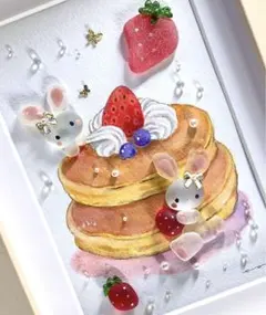 1442 ホットケーキ うさぎ 苺 シーグラスアート 水彩画 玄関飾り 硝子置物