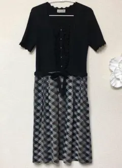 アリスバーリー　半袖ニットドッキング　ワンピース　L11号　黒×茶　美品