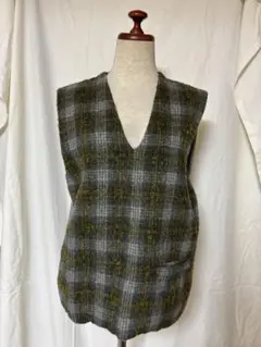 vintage ニットベスト グレーと緑のチェック柄