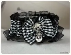 Mサイズ《20〜22cm》 黒　ギンガムチェック　キラキラ　猫　犬　首輪