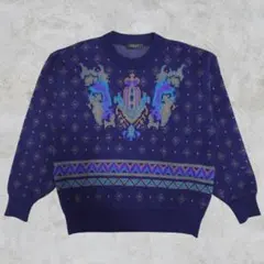 【古着】 デザインニット セーター 幾何学柄 エンブレム ビッグシルエット