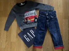 5years 110cm baby gap 裏地付きデニム 消防車柄 上下セット
