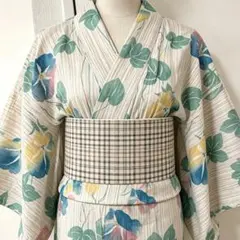 朝顔柄 浴衣 木目調 ナチュラル風 綿麻 ゆかた フリーサイズ花火大会