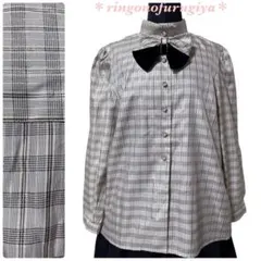 【SALE】レトロ●美品●リボン●シルク混ブラウス●スタンドカラー●チェック柄のサムネイル