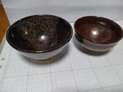 【特価】抹茶碗　曜変　天目茶碗　黒天目、茶天目碗　二点　未使用保管品　☆美品