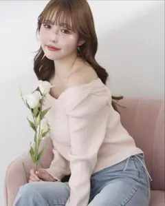 チュールがけアシンメトリーニット（ピンク）