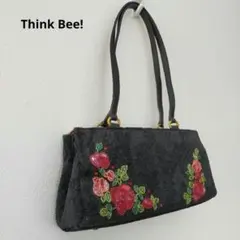 【美品】シンクビー！ 2way ハンドバッグ ビーズ刺繍 ローズ レオパード 黒