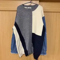 PALEMO STORE お洒落デニム×ニット切替ゆったりトップスオーバーサイズ