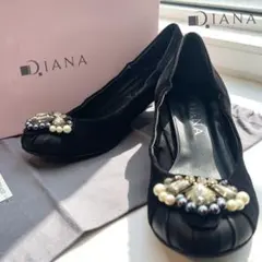 DIANA ビジュー付ヒールパンプス 黒 24cm 【箱付属美品】結婚式 披露宴
