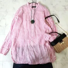 美品】マカフィー リネン ストライプ バンドカラー 長袖 シャツ - メルカリ